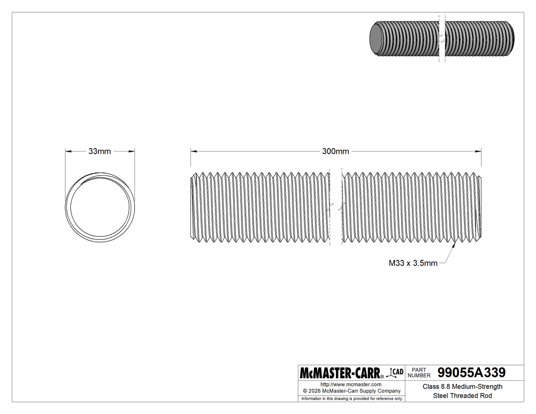 Technical Drawing of Class 8.8 Medium-Strength Steel Threaded Rod, M33 x 3.5 mm Thread Size, 300 mm Long.